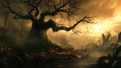 Ancient twisted tree welcomes dawn over a misty haunted bog