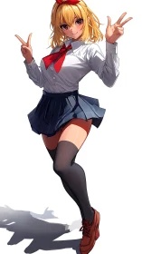 Cheerful blonde schoolgirl posing with playful peace signs.