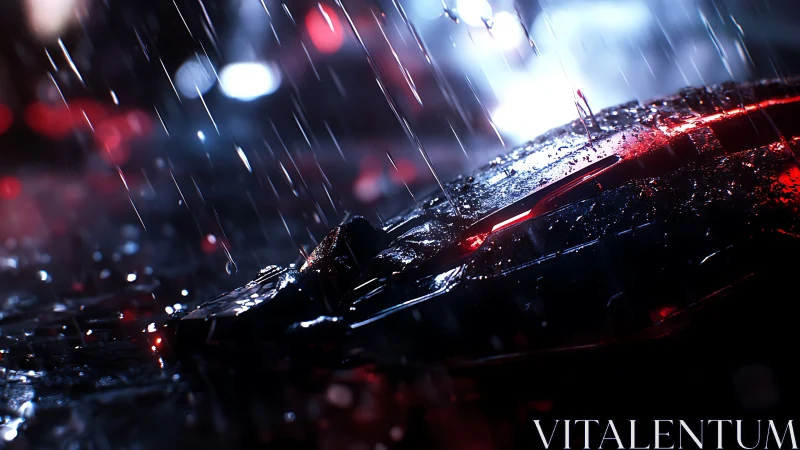 Futuristic vehicle hood under rain with red neon reflections