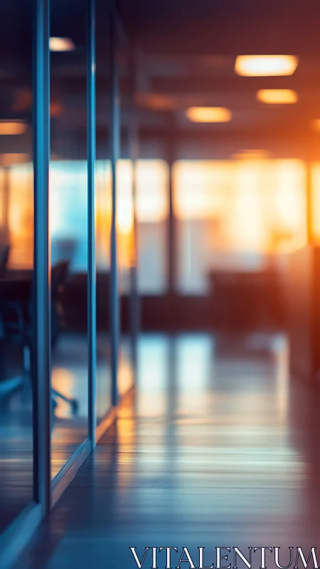 Architectural perspective through glass planes with warm ambient lighting and depth-of-field blur