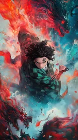 Anime swordsman framed by fiery red dragons and swirling smoke