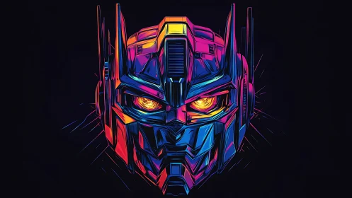 Neon colored robotic helmet front view on dark background.