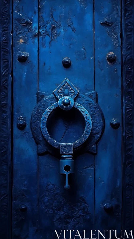 Weathered blue metal door with ornate circular knocker
