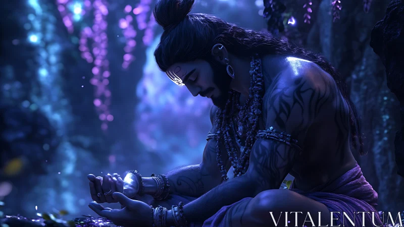 Mystic ascetic in moonlit forest with glowing sacred energy.