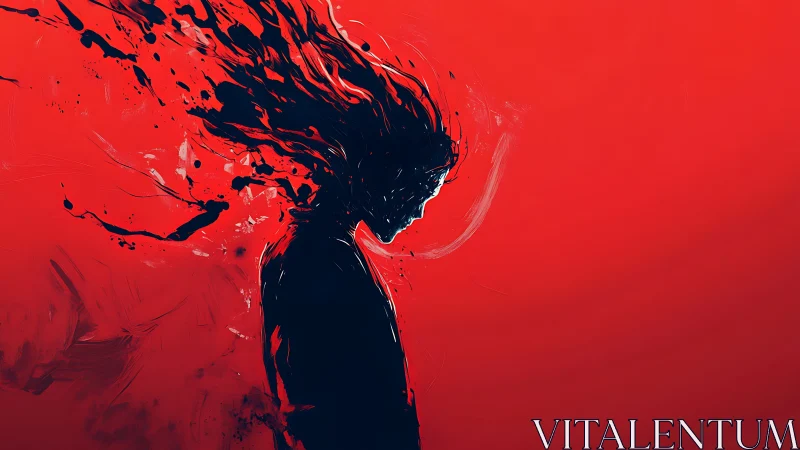 Silhouetted figure rendered in dark strokes on red field