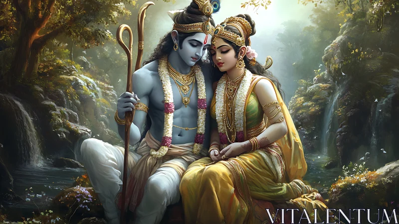 Sacred lovers resting by a whispering forest waterfall.