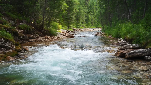 Crystal clear mountain stream flowing through lush green forest.