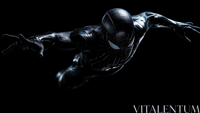 High contrast black-suited acrobatic hero in mid-air glide