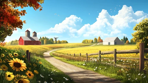 Sunny country farm road winds through golden flower fields