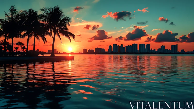 Sunset city skyline glows behind peaceful palm-lined water