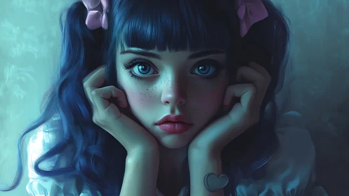 Melancholy blue-eyed daydreamer in quiet teal glow.