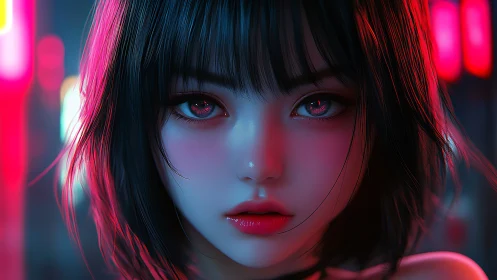 Digital portrait depicts stylized female face in neon lighting