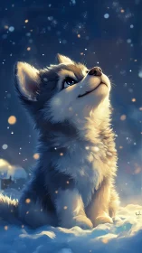 Puppy gazes at falling snow under a dreamy winter night sky