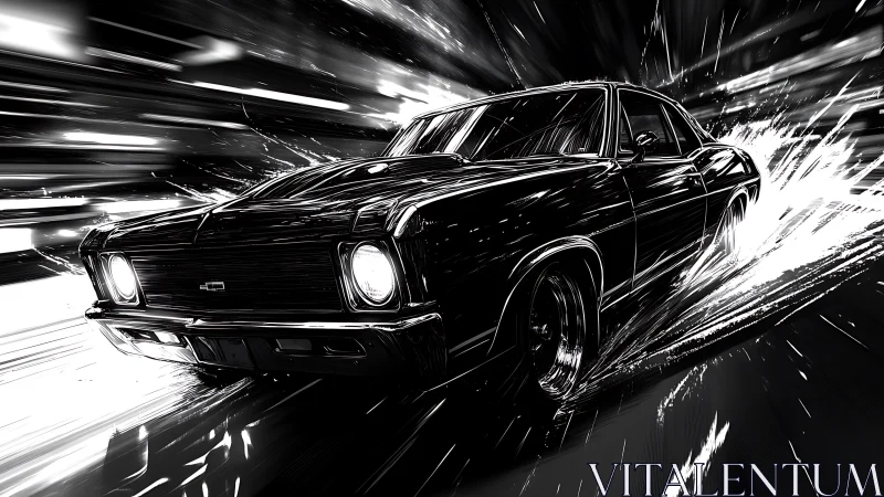 Midnight muscle car erupts through streaks of liquid light.