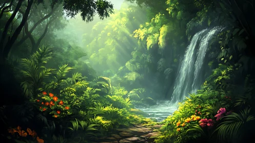 Sunlit jungle waterfall amid lush tropical flora.