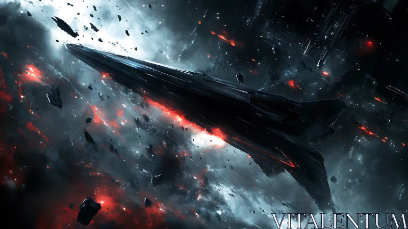 Hypersonic wedge starship traversing ionized debris field.