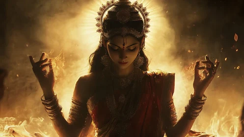 Divine goddess figure stands in radiant golden fire halo