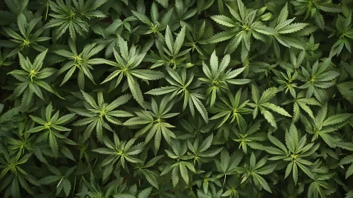 Overhead cannabis foliage field in dense botanical grid.