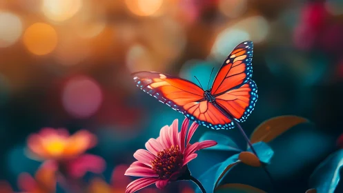 Radiant monarch butterfly hovers over garden blooms at dusk