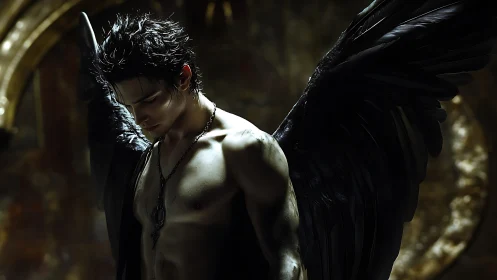 Brooding dark-winged angel in chiaroscuro fantasy lighting.