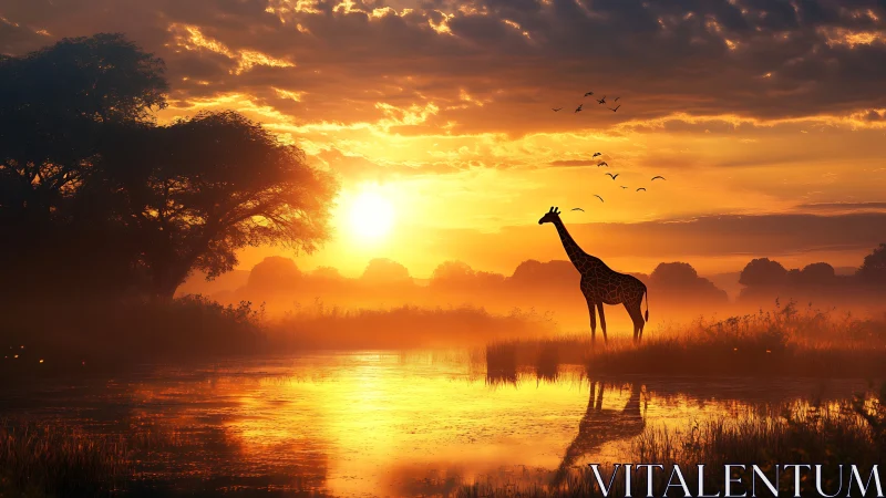 Silhouetted giraffe stands near reflective water at sunrise