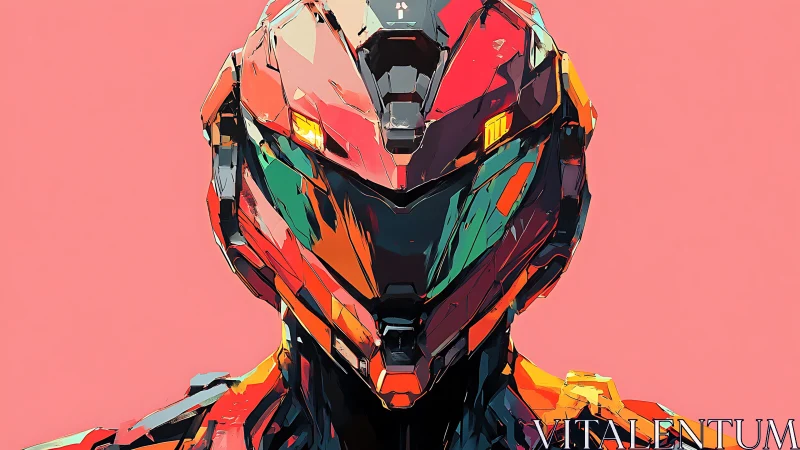 Neon armored cyborg gazes forward against bold coral void