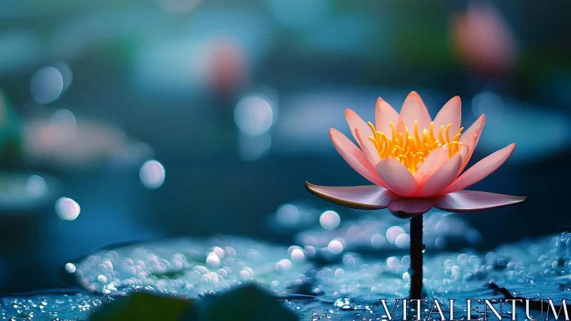 Macro optical study of luminous waterlily over defocused bokeh field.