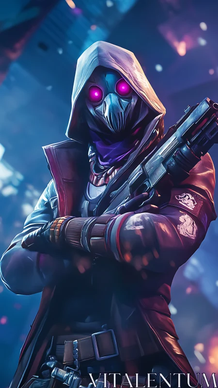 Neon-eyed hooded rogue stalks the cyberpunk backstreets.