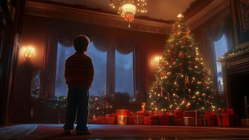 Quiet wonder beneath the glowing Christmas tree lights.