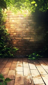 Sunlit brick garden wall with warm timber deck foreground.