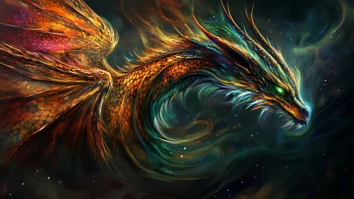 Digital illustration depicts multicolored dragon in motion