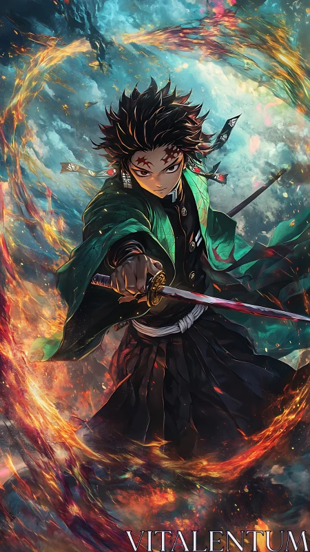 Blazing katana whirlwind around a sky-scarred demon slayer.