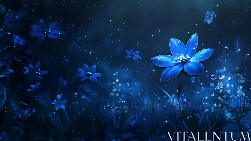 Luminous Blue Flowers Glow in Enchanted Darkness.