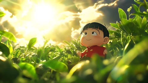 Cartoon child in dense green field under strong sunlight.