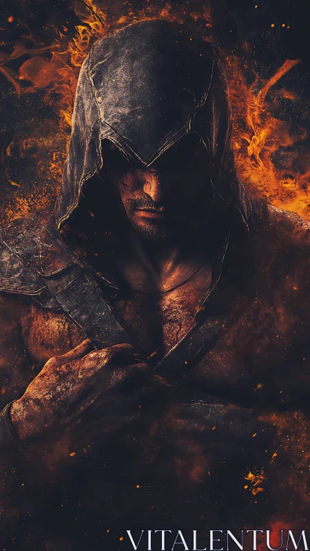 Hooded fireborn warrior wrapped in sparks and shadowed calm.