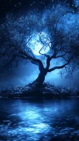 Moonlit tree by still water under a hush of stars.