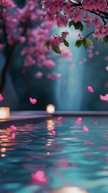 Digital painting of cherry blossoms over tranquil pool surface.