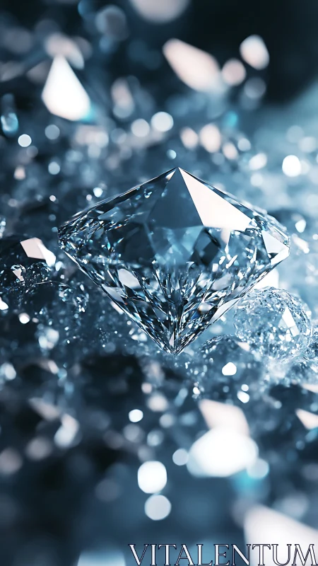 Glistening diamond resting in a dreamy sea of cool light.
