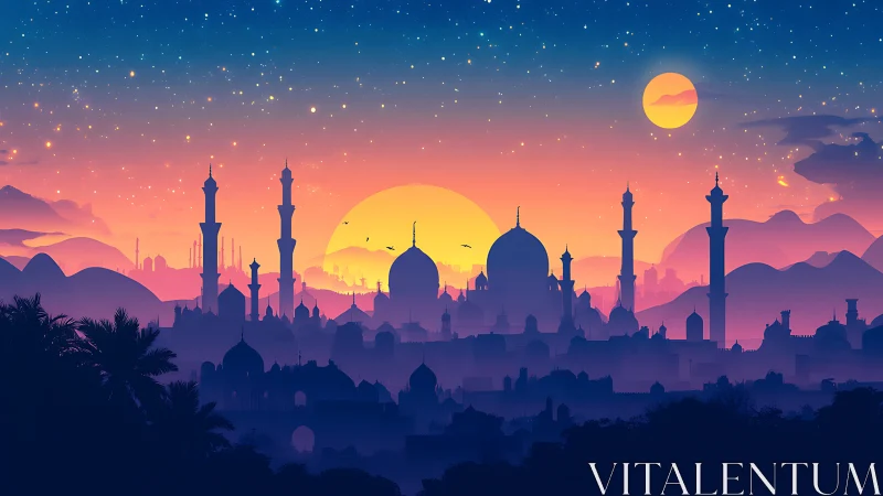 Dreamy desert skyline glowing under a magical sunset.