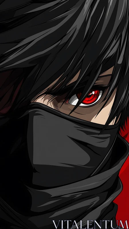 Masked anime assassin with intense red eye close-up.