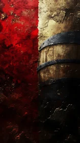 Rust-touched wine barrel against torn red stone divide.