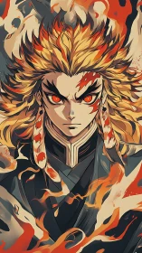 Blazing warrior gaze crowned in wildfire hair and embers.