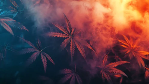 Cannabis leaves appear through dense orange and blue smoke
