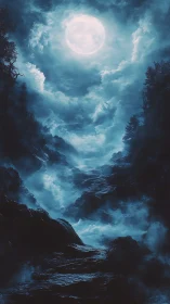 Moonlit canyon landscape shows misty rocks and dense clouds