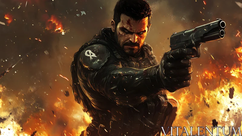 Battle-hardened soldier aiming pistol amid explosions.