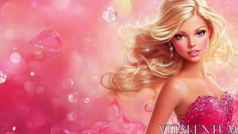 Blonde doll portrait glows against luminous pink bokeh field
