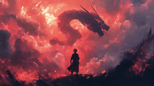 Storm-lit silhouette confronting infernal dragon in clouds.