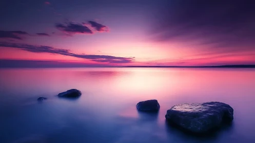 Twilight tides bathe quiet stones in violet-pink hush.