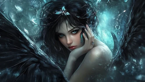 Dark winged siren gazes through crystalline aqua light