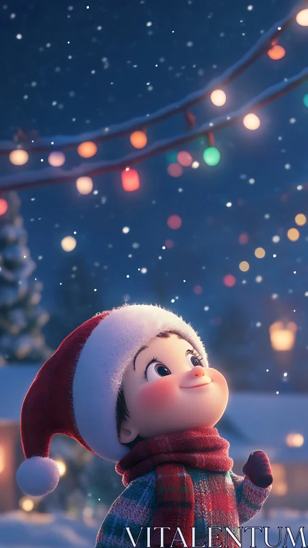 Child gazes at snowy Christmas lights in magical night
